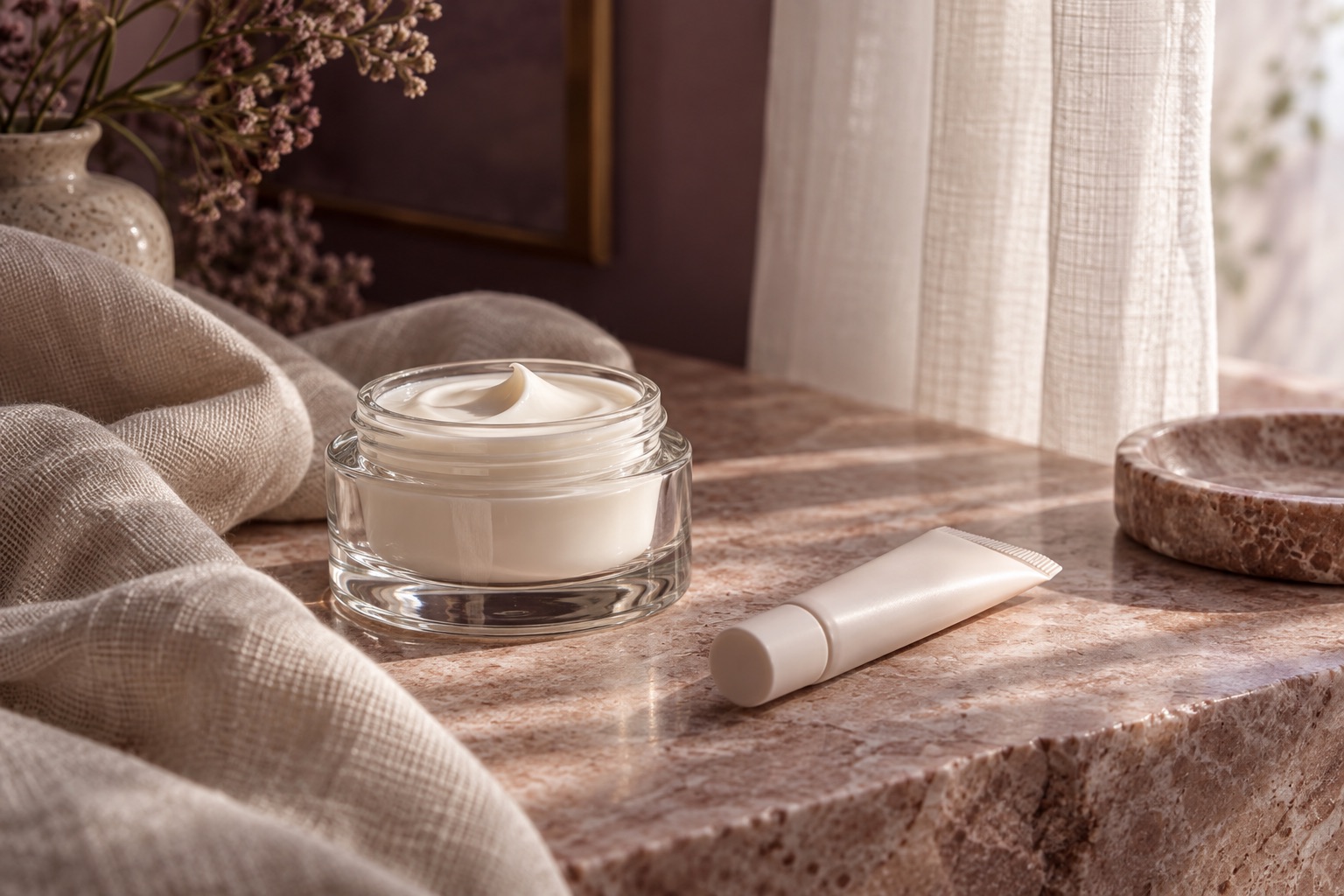 Unbranded cream jar and tube beside rose-colored stone and soft linen